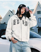 MEDM Pearl Logo Embellished Zip Up Hoodie