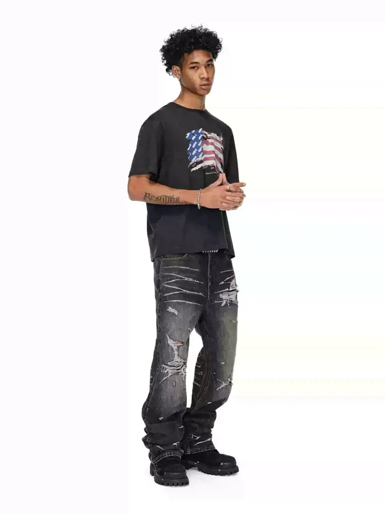 ANTIDOTE Irregular Torn Hole Washed Flared Jeans