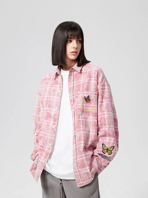 Achock Washed Plaid Butterfly Embroidery Long Sleeved Shirt