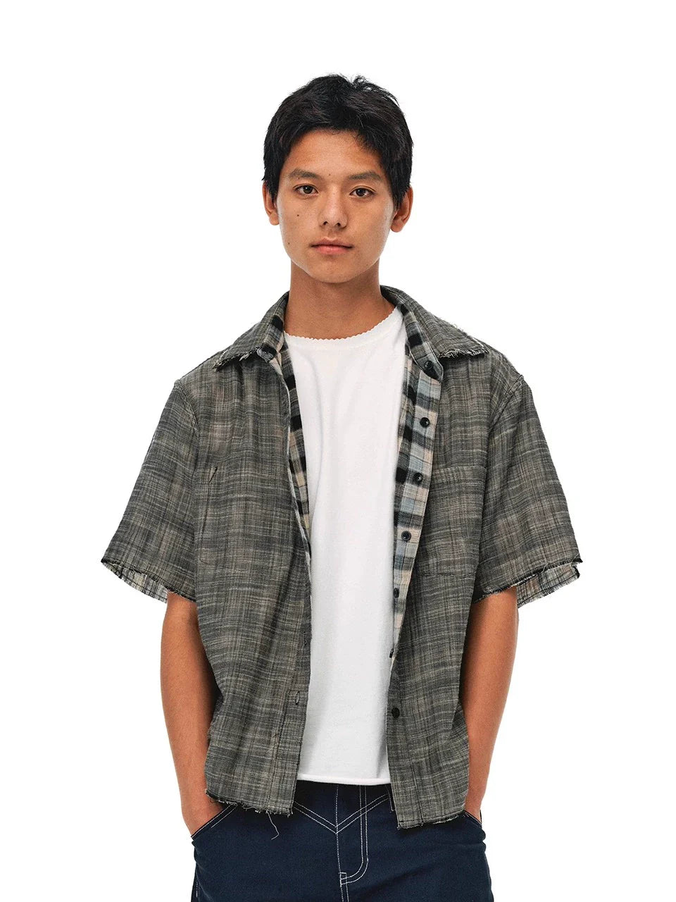 EVILKNIGHT(EK) Striped Plaid Reversible Short Sleeve Shirt