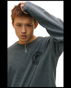 NOVACAM Waffle Vintage Print Zip Long Sleeve Tee