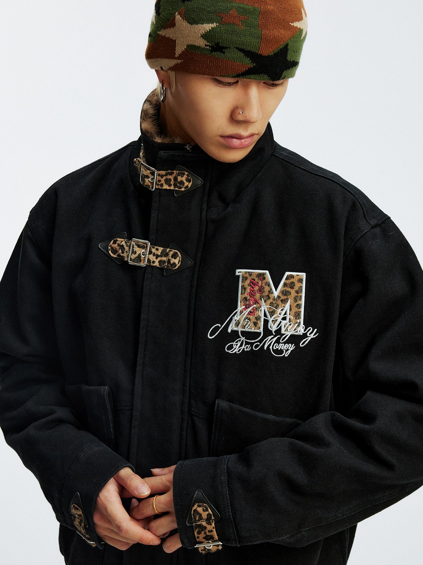 MEDM Leopard Collar Belted Work Jacket