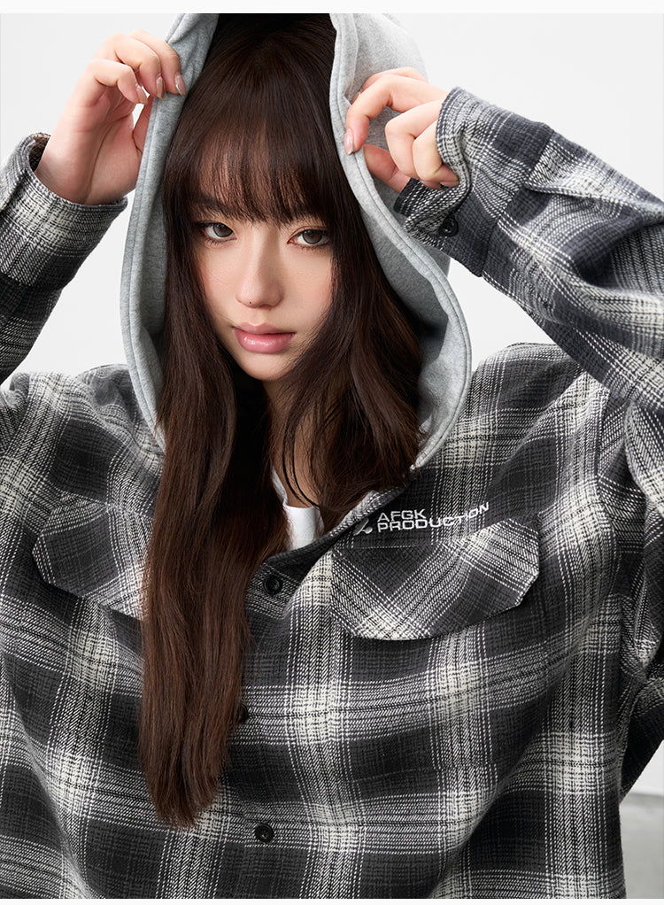 AFGK Plaid Embroidered Hooded Long Sleeve Shirt