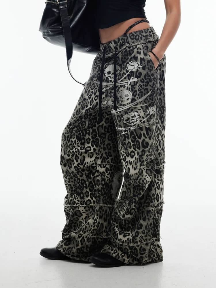 Night Lab Skull Pirate Leopard Printed Distressed Pants