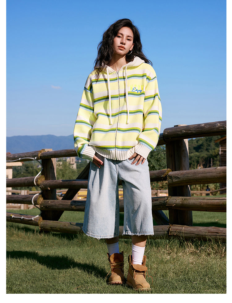 MEDM Colorful Stripes Zip-Up Knit Hoodie