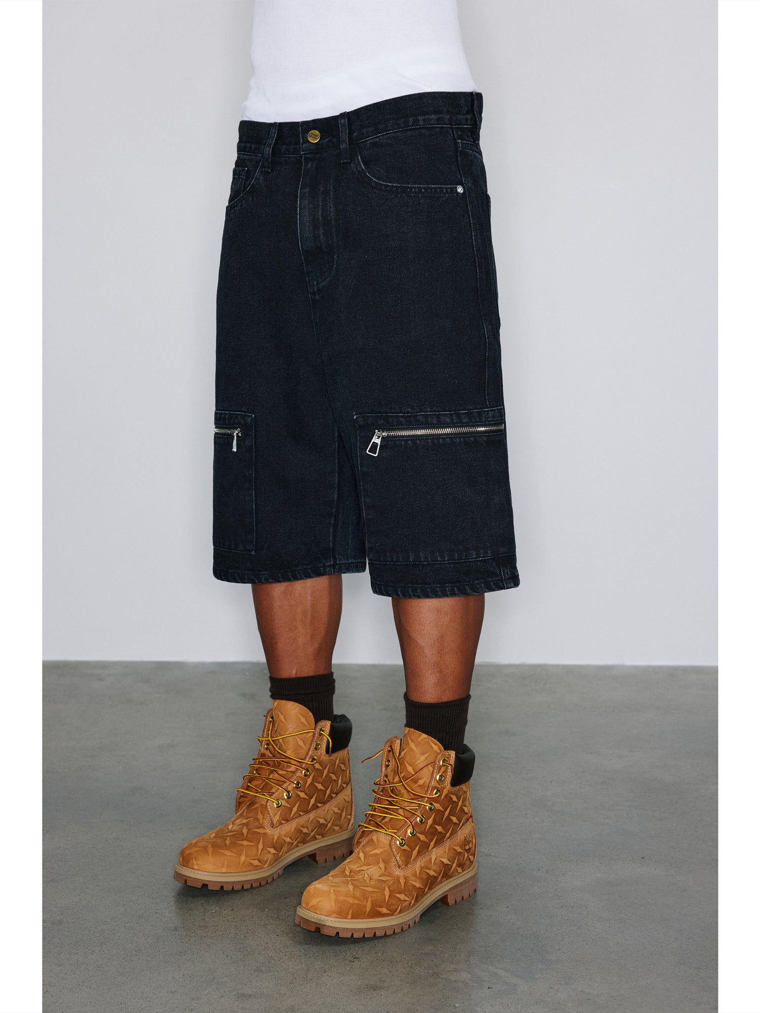 NOVACAM Washed Denim Zip Pocket Work Baggy Shorts