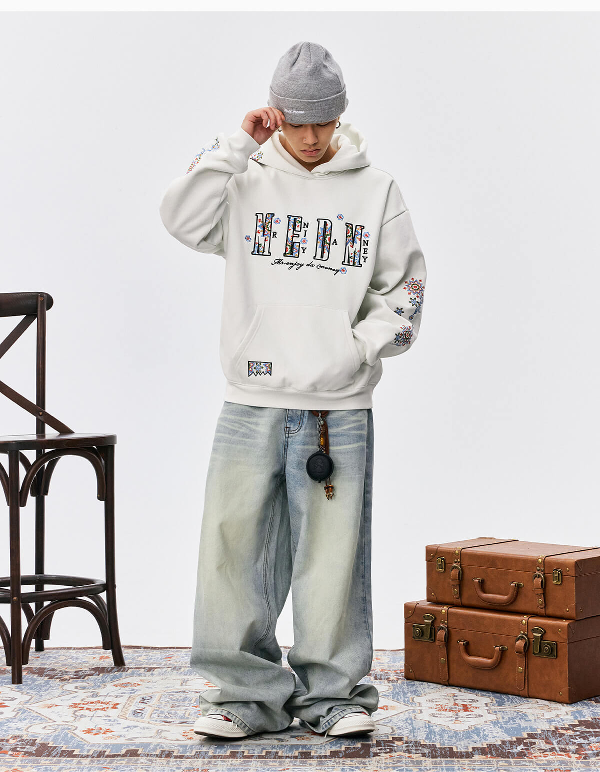 MEDM Ethnic Flower Embroidered Hoodie