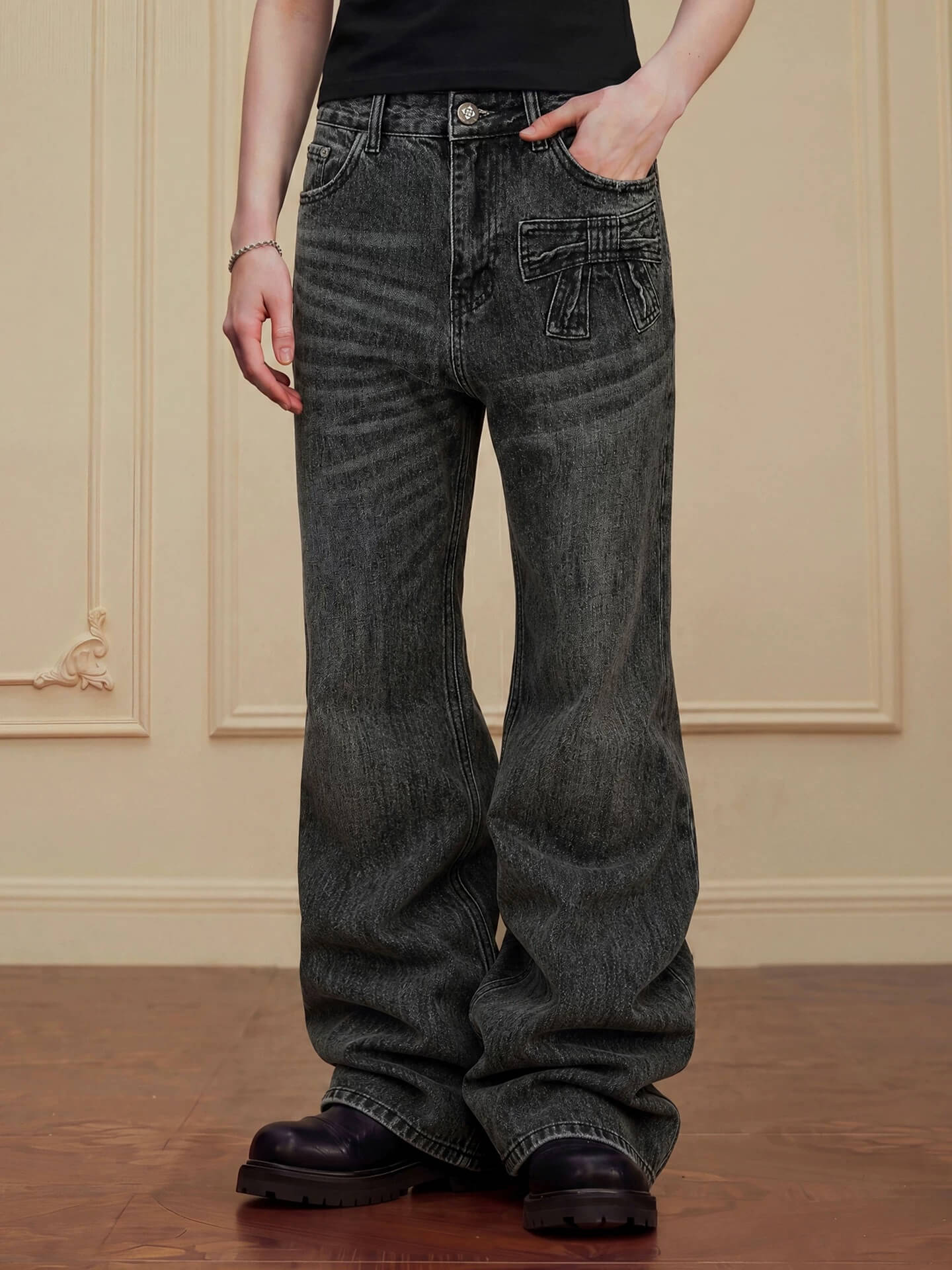 YADcrew Ribbon Patch Distressed Vintage Flared Jeans