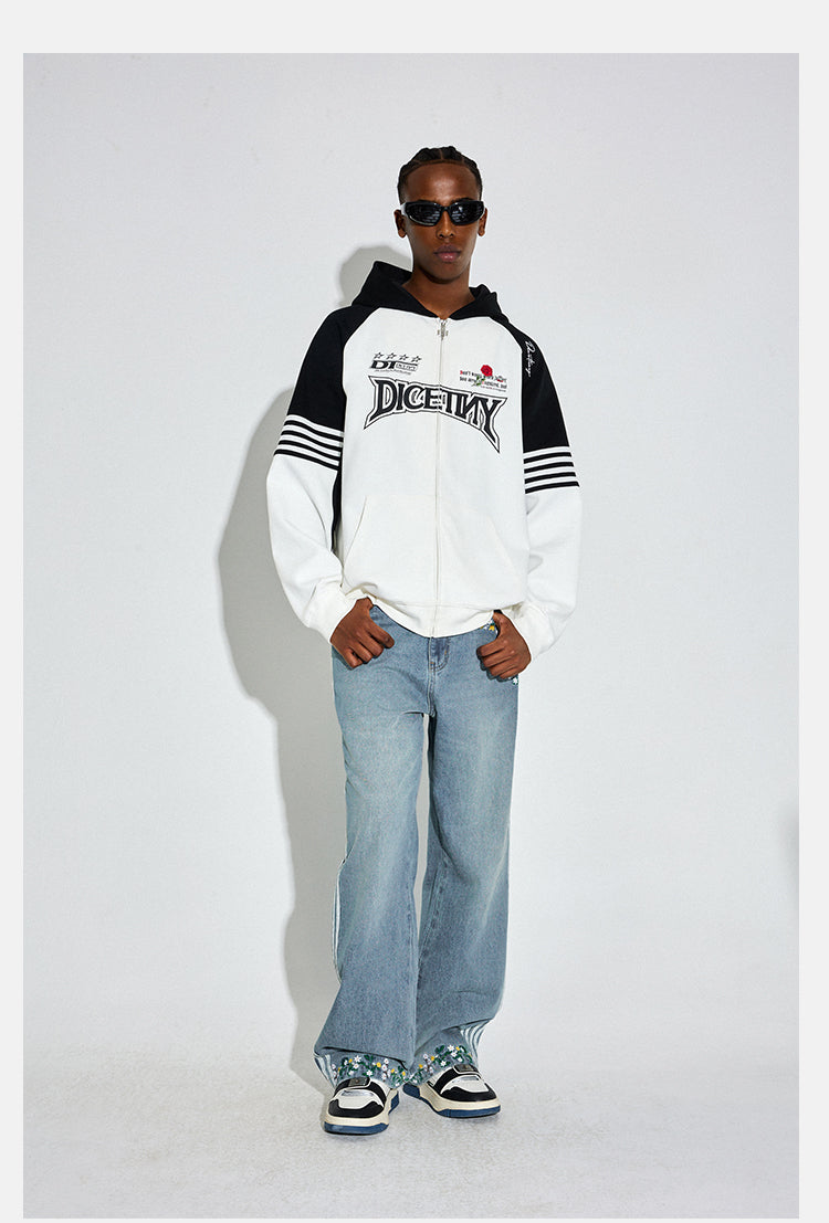 DICETINY Side Striped Floral Embroidered Washed Jeans