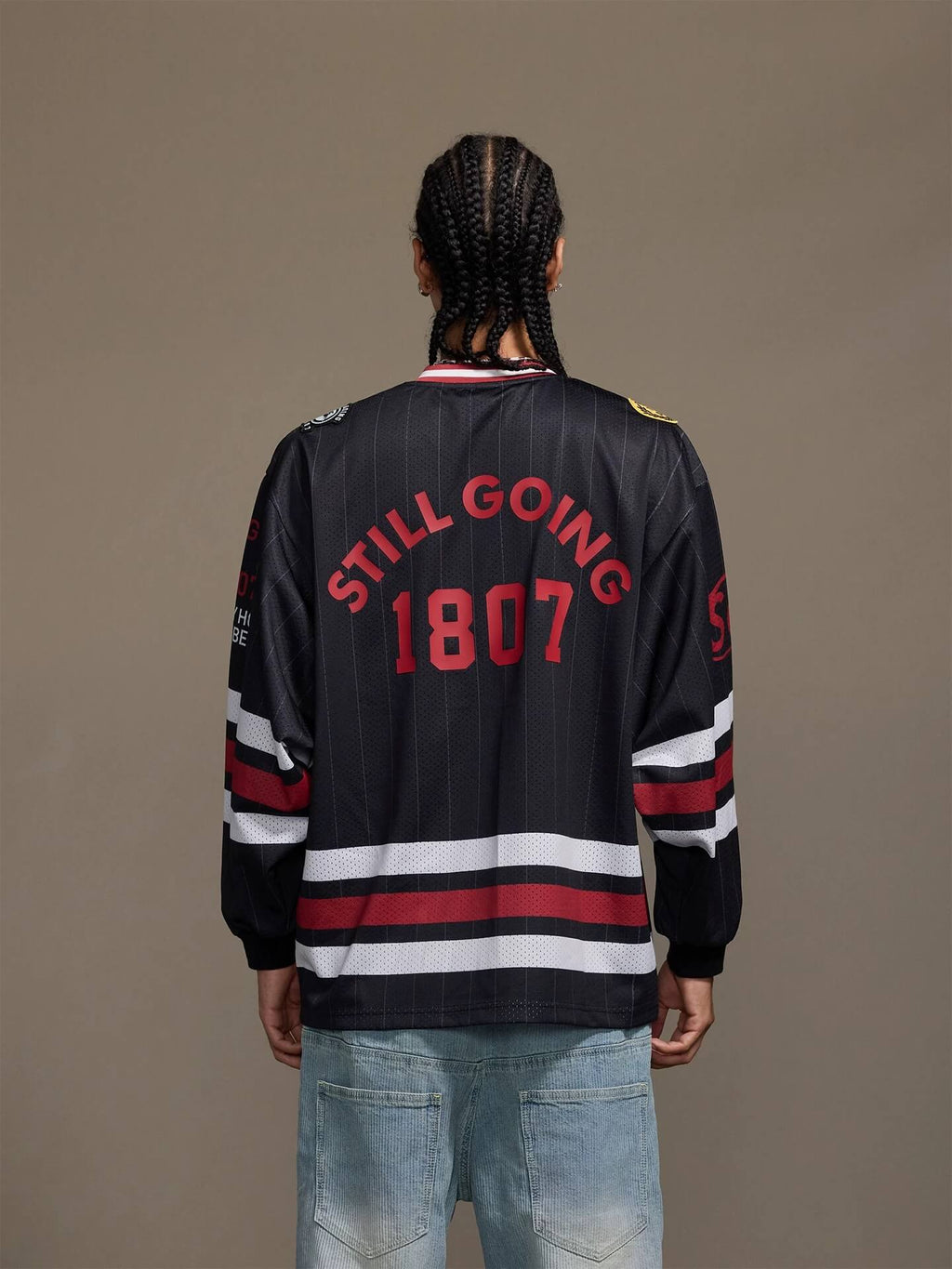 1807 Print Patch V Neck Mesh Long Sleeve Hockey Jersey