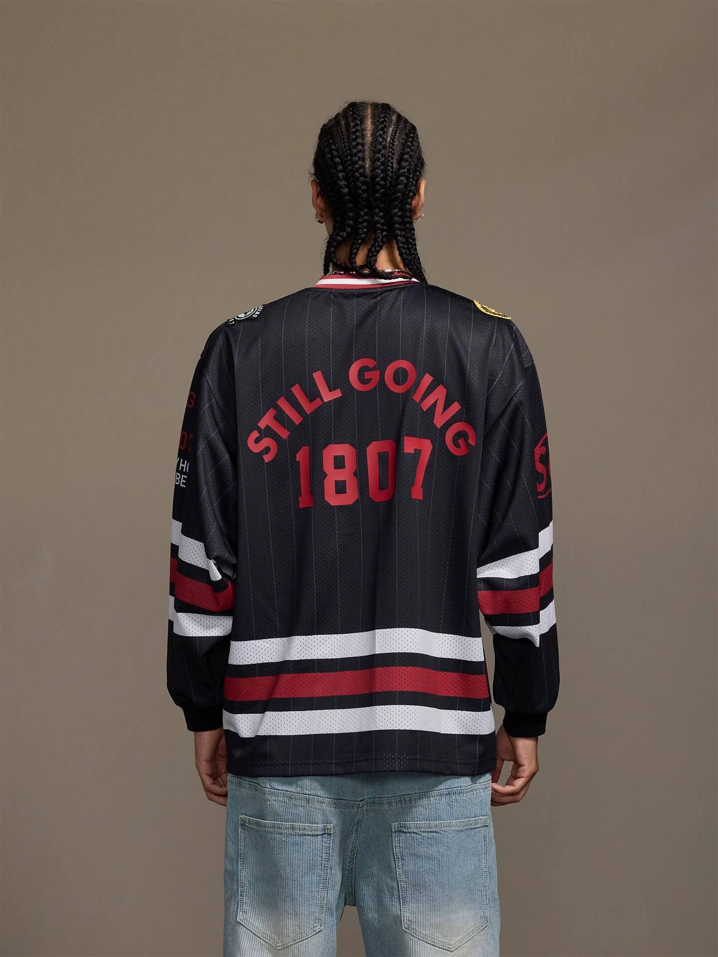 1807 Print Patch V Neck Mesh Long Sleeve Hockey Jersey
