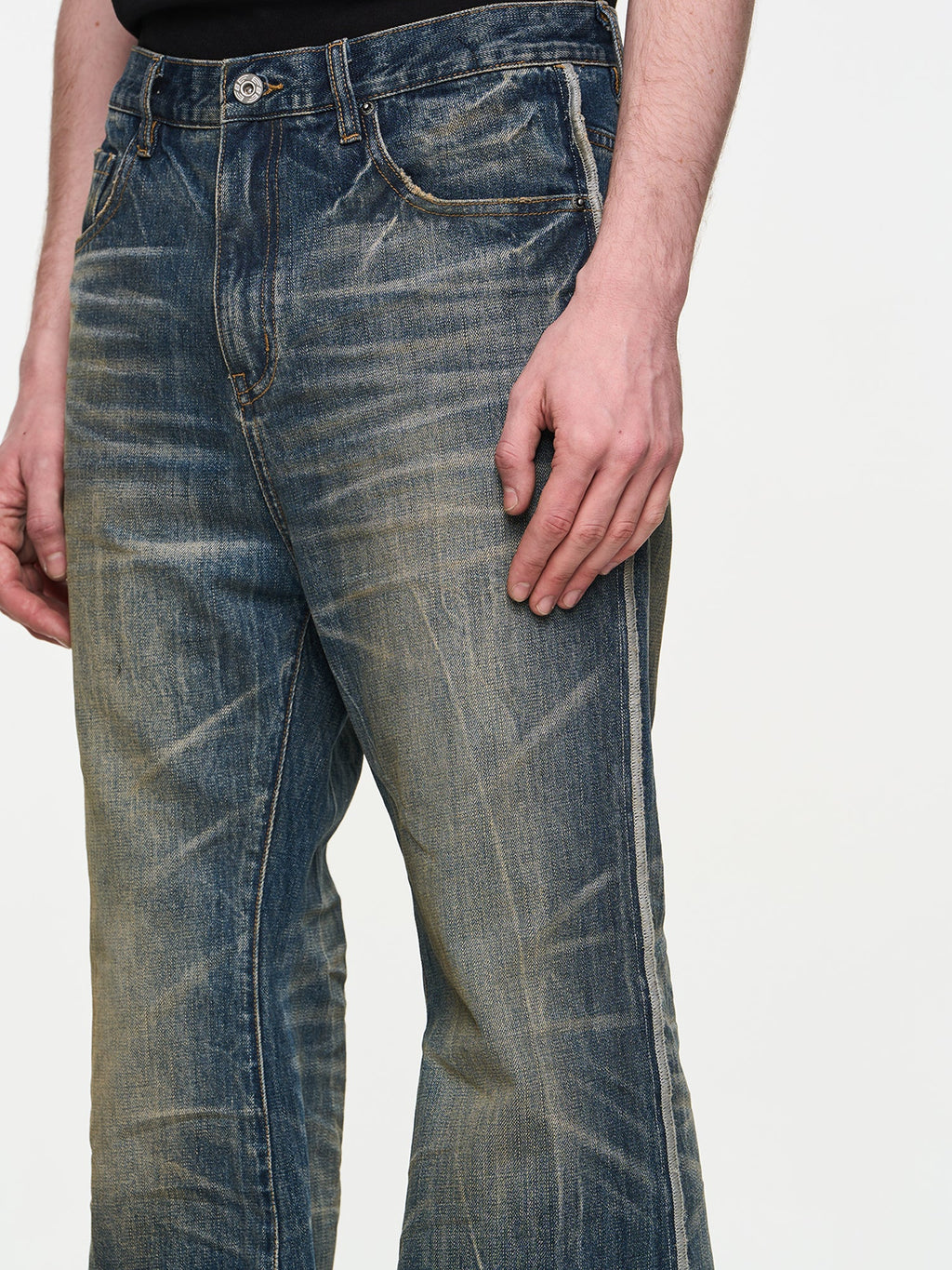 BLIND NO PLAN Blue Washed Whiskered Distressed Bootcut Jeans