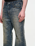 BLIND NO PLAN Blue Washed Whiskered Distressed Bootcut Jeans