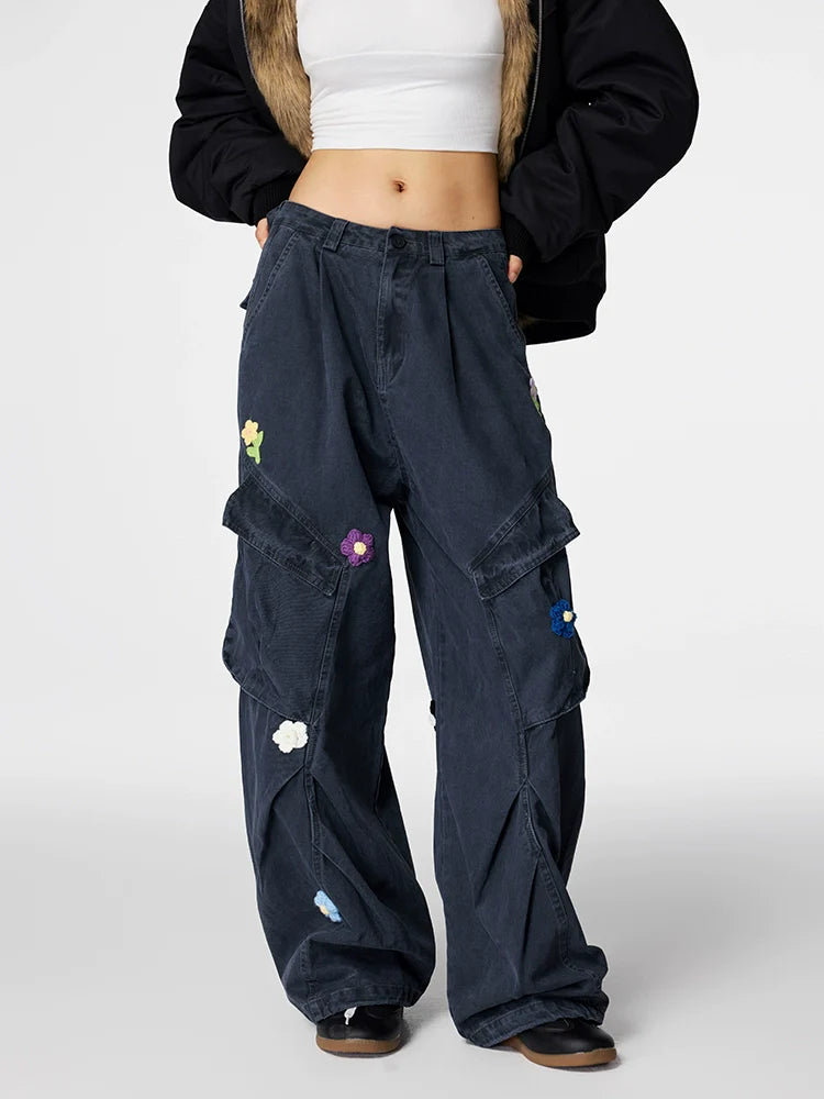 Achock Washed Multi Pocket Flower Embroidery Work Cargo Pants
