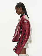 BLIND NO PLAN Distressed Leather Contrast Racing Jacket