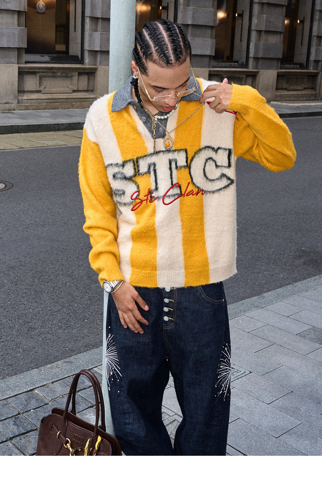 STEEPC Vertical Stripe Brushed Knit Polo Sweater