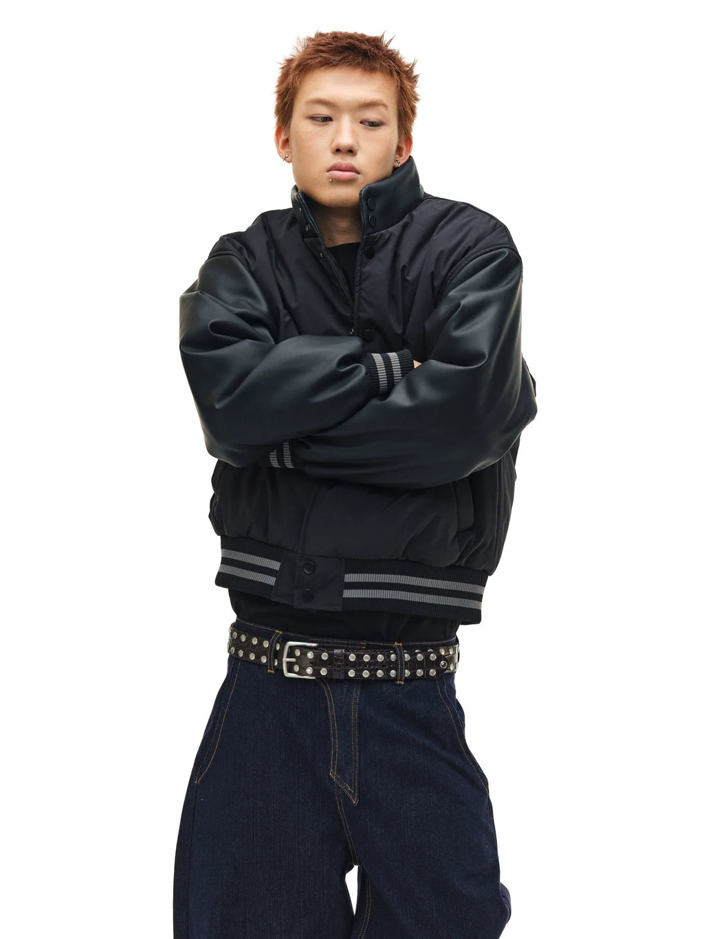 NOVACAM PU Leather Sleeve Puffer Varsity Jacket