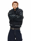 NOVACAM PU Leather Sleeve Puffer Varsity Jacket