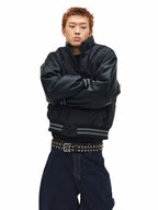 NOVACAM PU Leather Sleeve Puffer Varsity Jacket