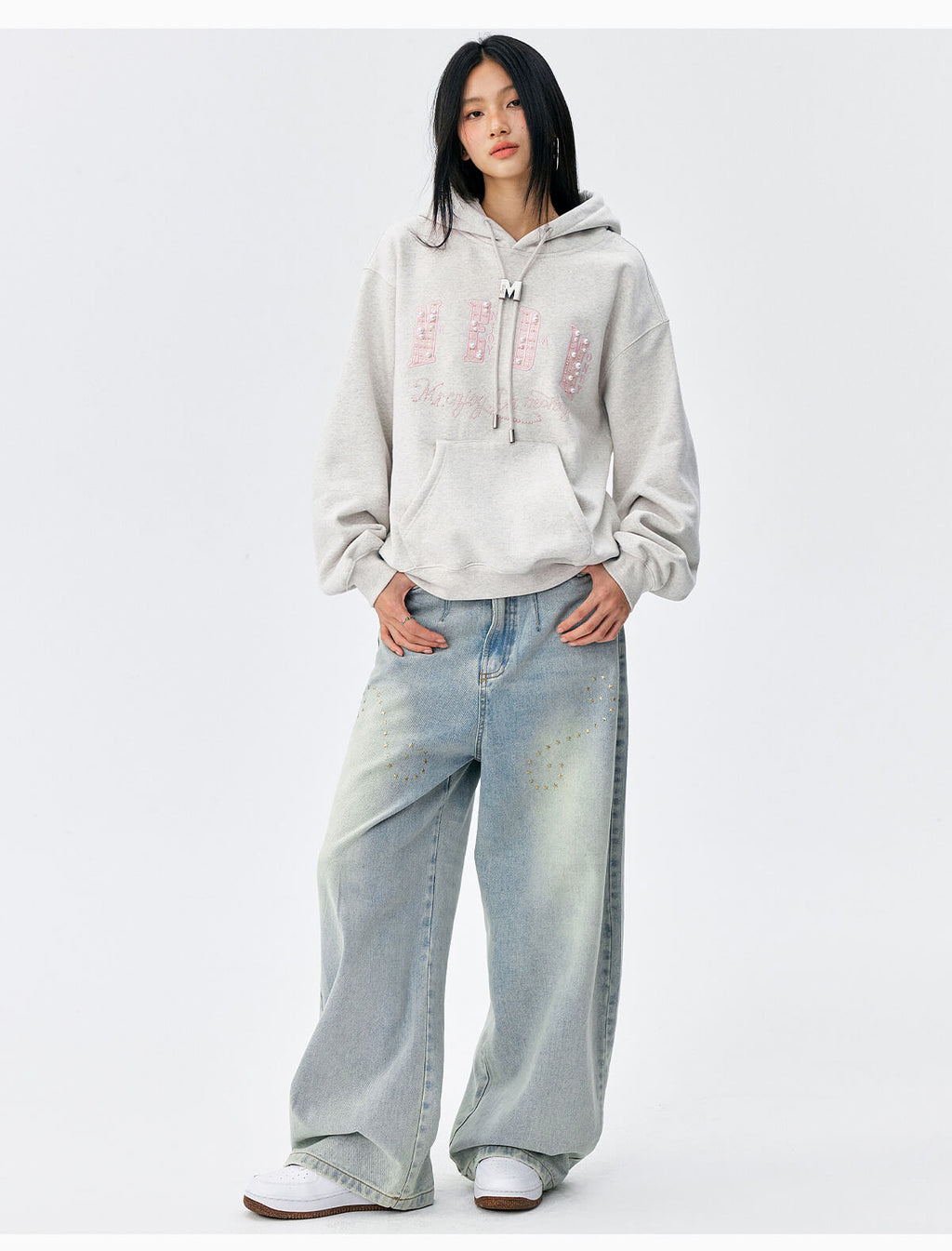 MEDM M Buckled Drawstring Pearl Logo Embroidered Hoodie