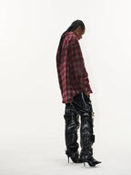 BLIND NO PLAN Washed Aged Cross Horse Patch Plaid Long Sleeve Shirt