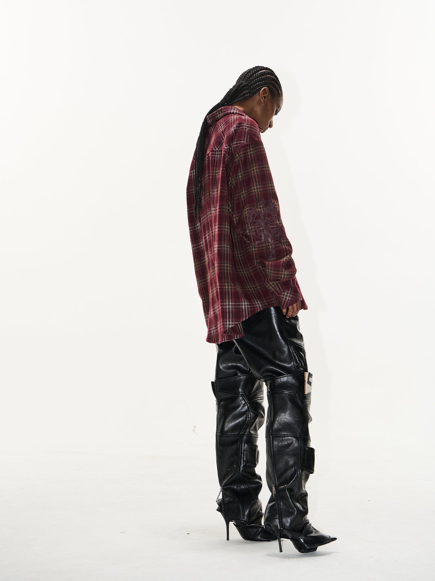 BLIND NO PLAN Washed Aged Cross Horse Patch Plaid Long Sleeve Shirt