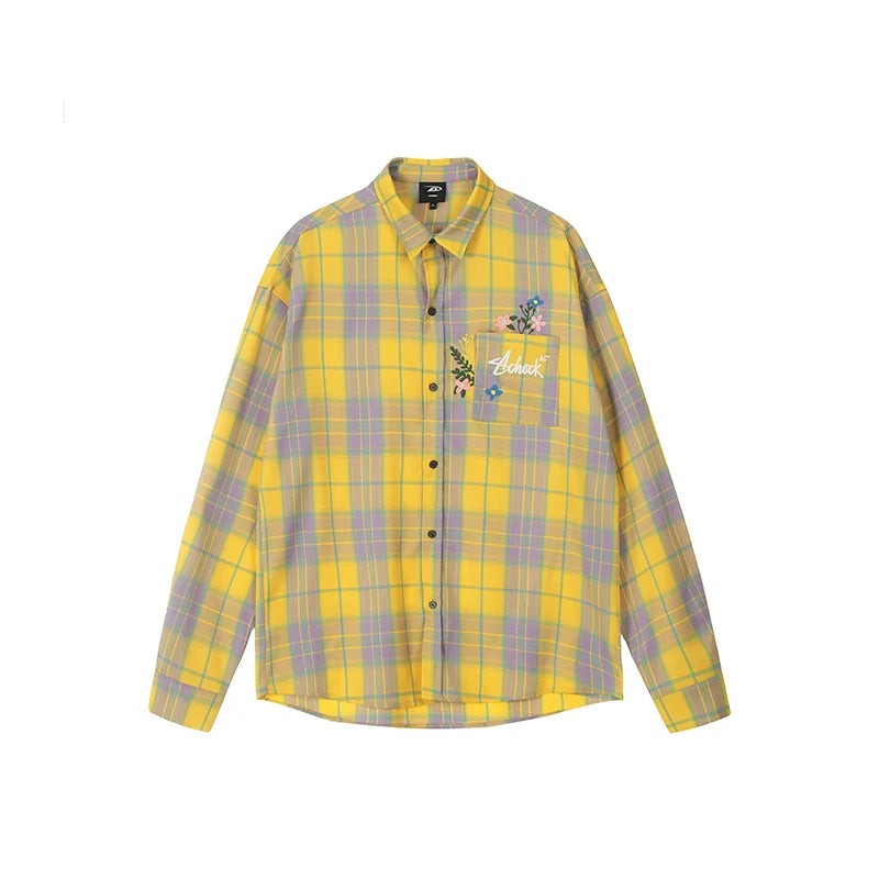 Achock Flower Embroidery Plaid Long Sleeved Shirt
