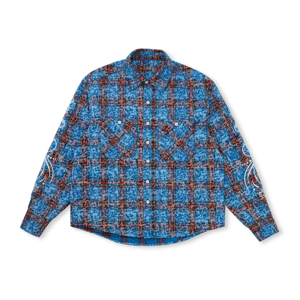EVILKNIGHT(EK) Floral Embroidered Plaid Long Sleeve Shirt