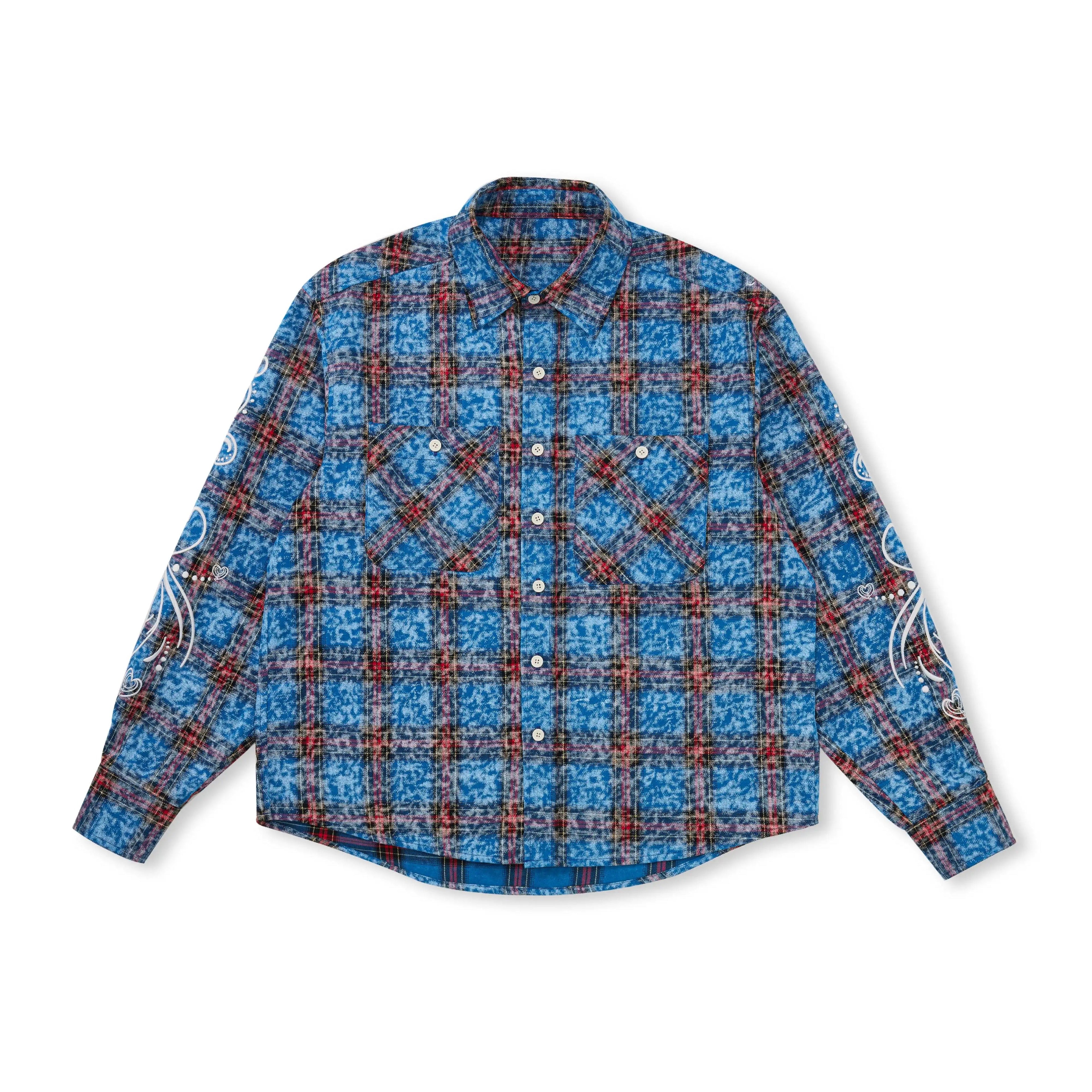 EVILKNIGHT(EK) Floral Embroidered Plaid Long Sleeve Shirt