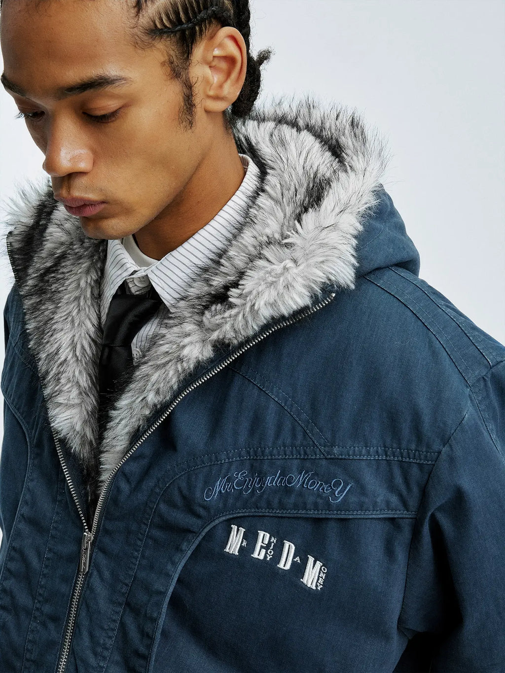 MEDM Fur Lined Washed Work Hooded Jacket