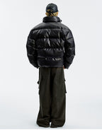 MEDM Leopard Patch PU Leather Puffer Jacket