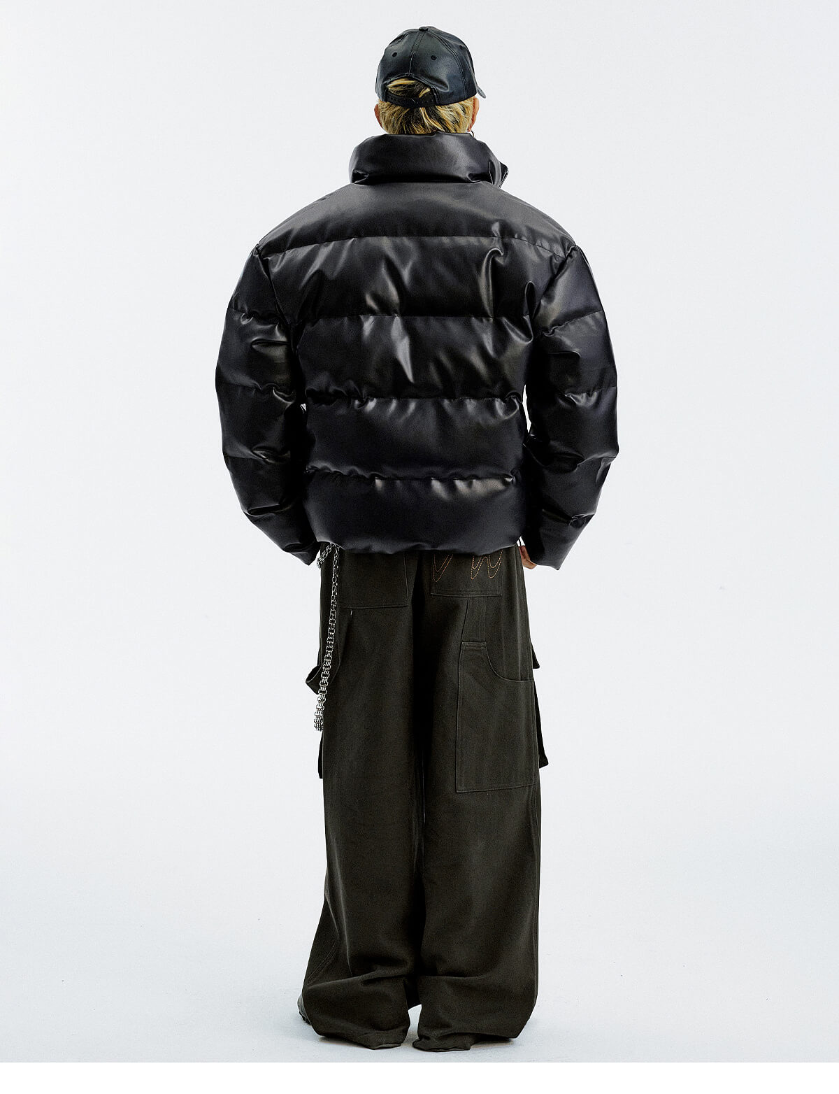 MEDM Leopard Patch PU Leather Puffer Jacket