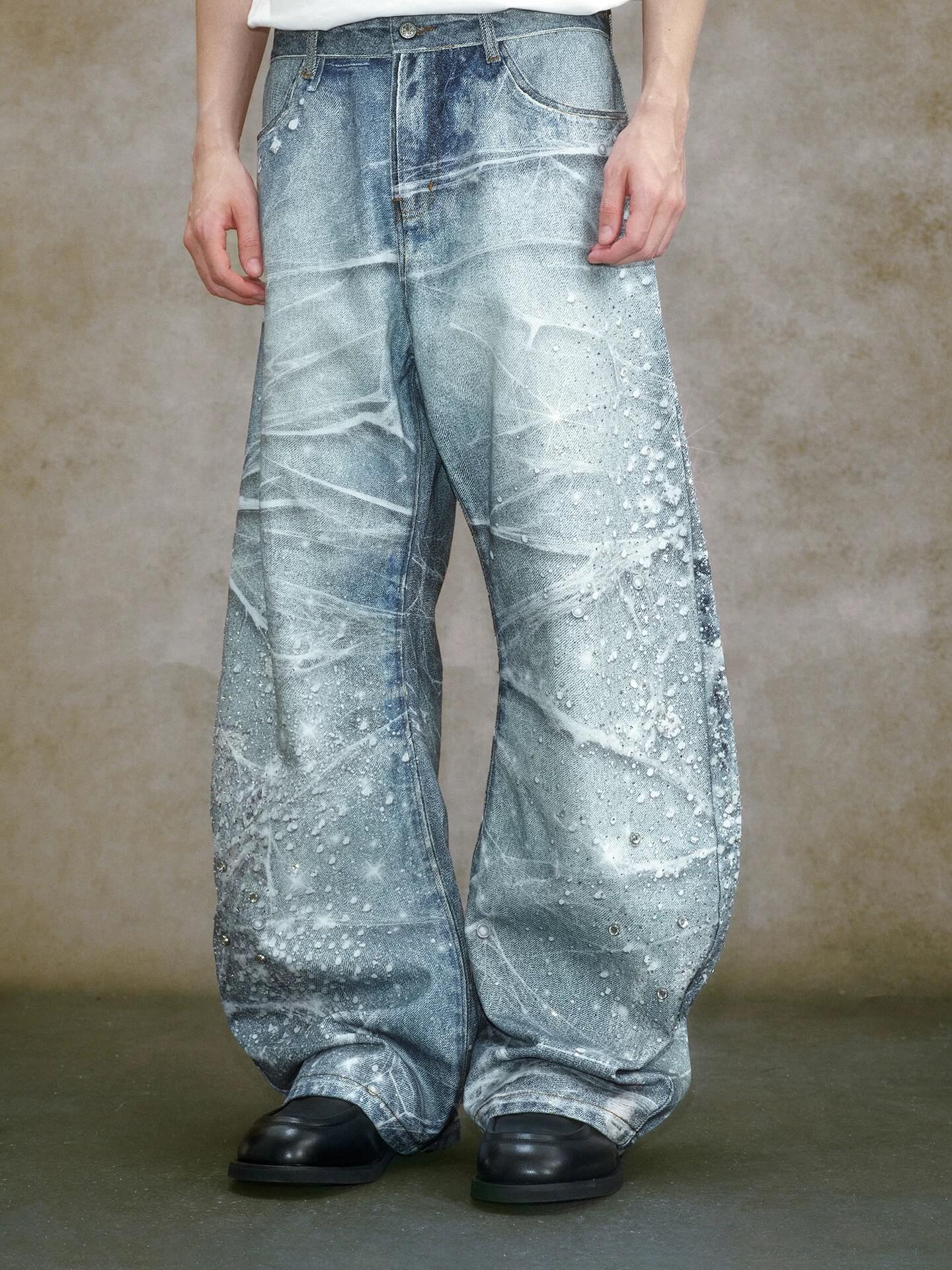 YADcrew 3D Digital Print Rhinestone Machete Jeans