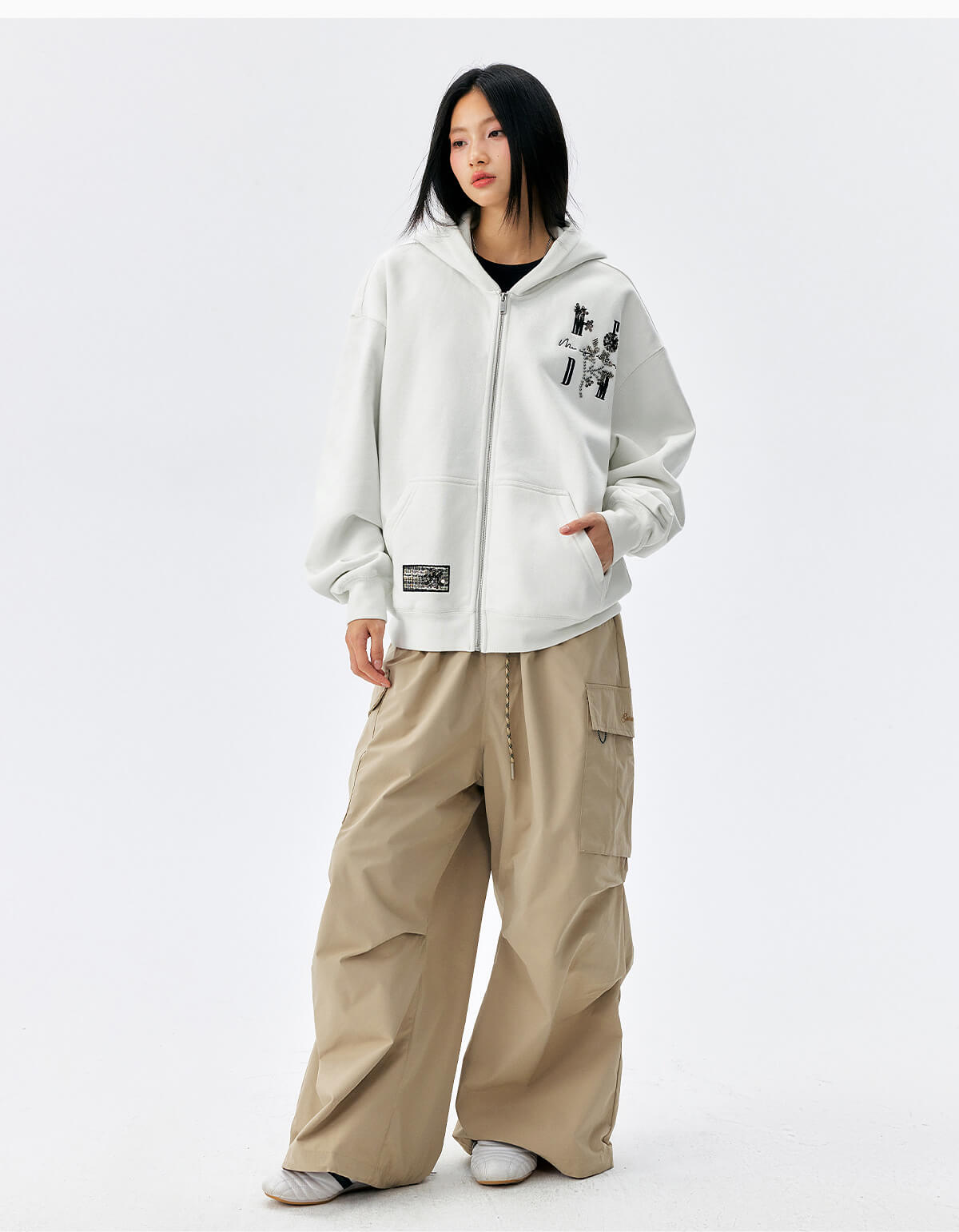 MEDM Beaded Flower Embellished Zip Up Hoodie