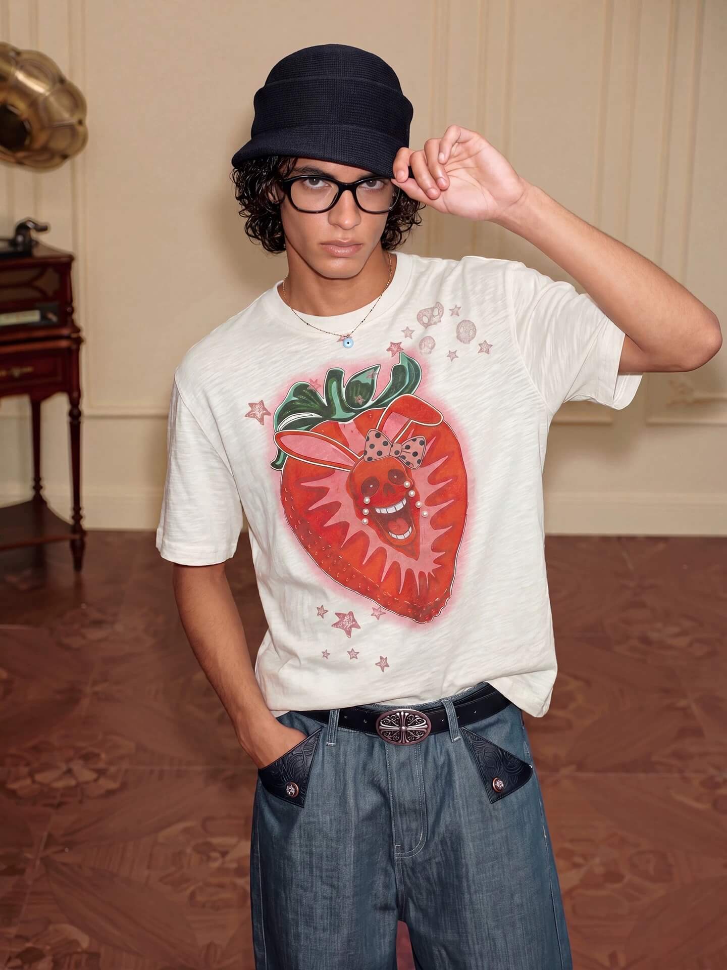 YADcrew Berry Bone Sweetheart Print Pearl and Rhinestone Tee