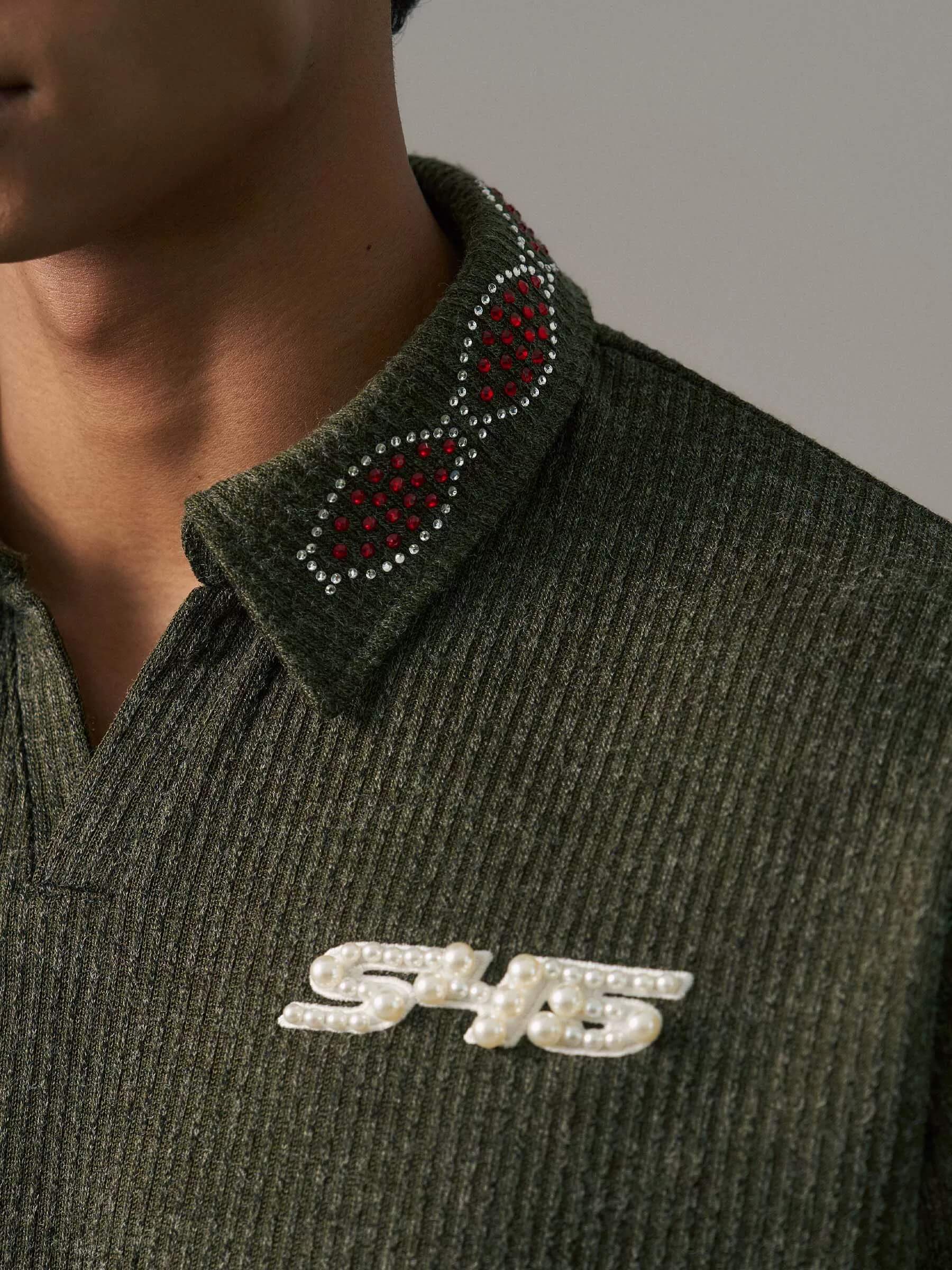 S45 Pearl and Rhinestone Long Sleeve Polo