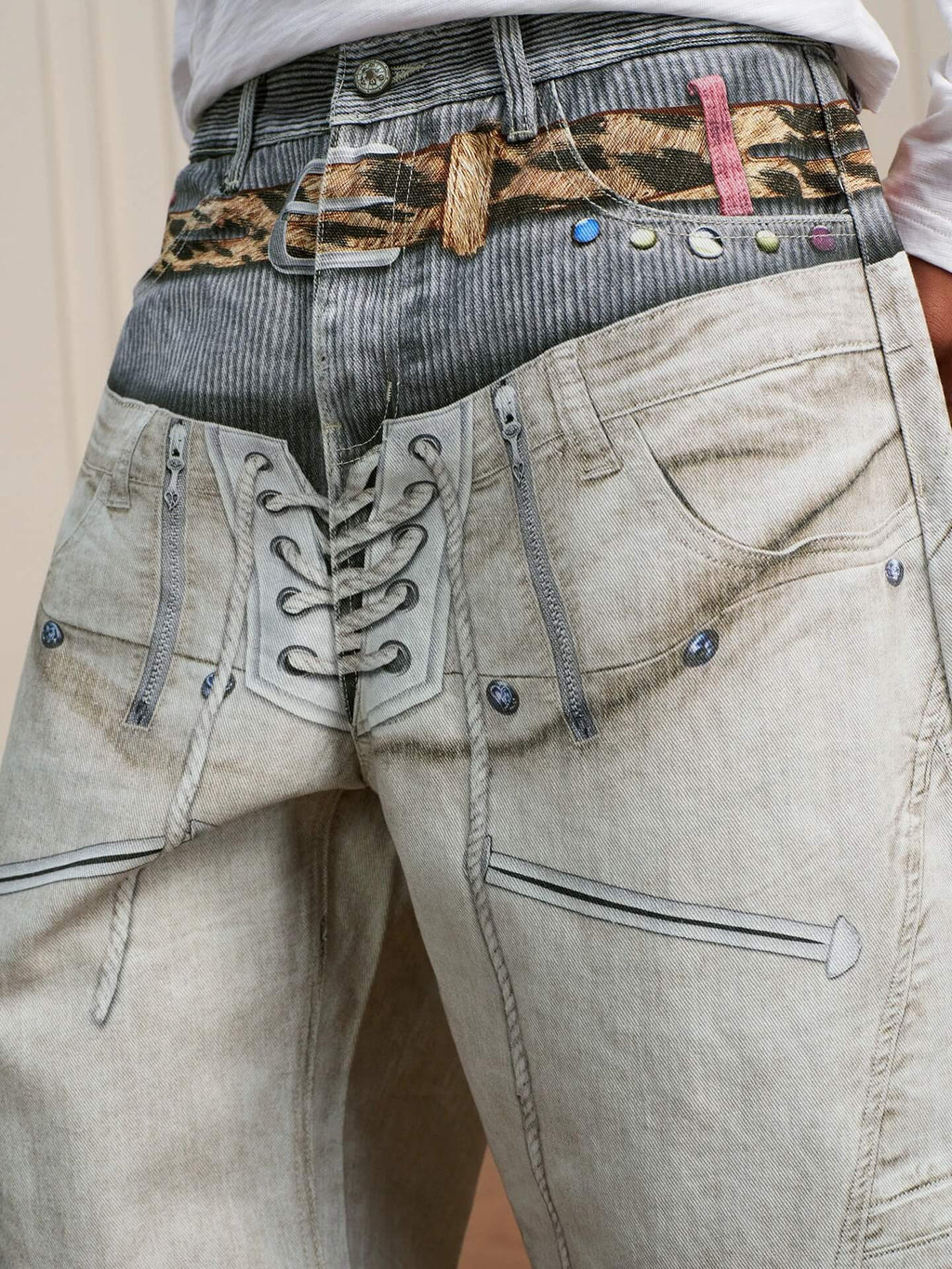 YADcrew Leopard Belt Double Waist 3D Digital Print Machete Jeans