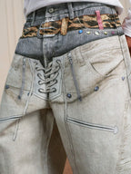 YADcrew Leopard Belt Double Waist 3D Digital Print Machete Jeans