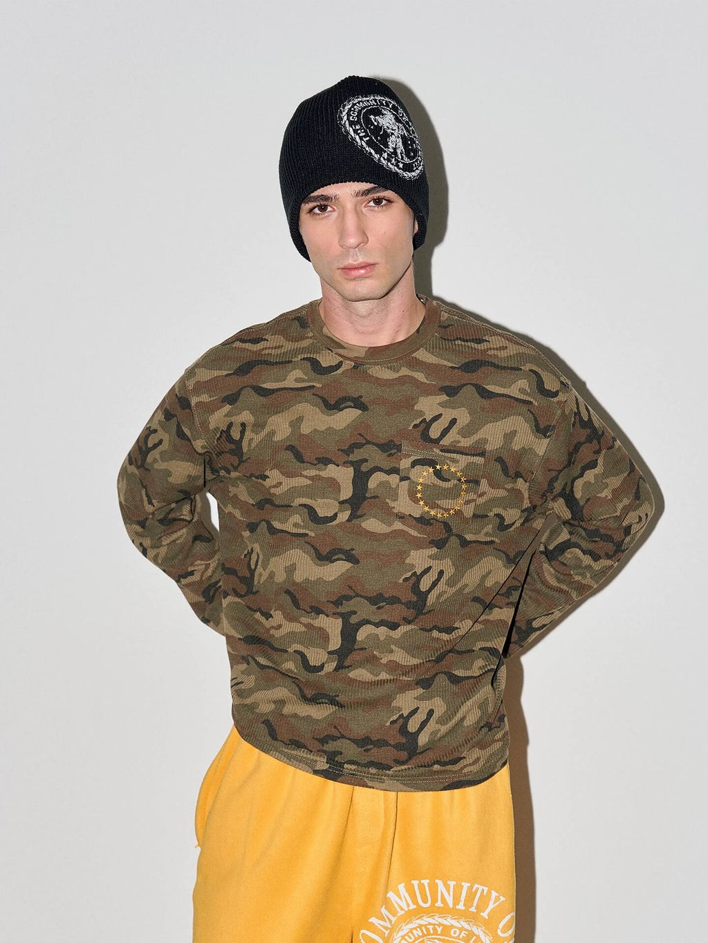 LIBERAFIT Vintage Camo Leopard Waffle Star Embroidered Long Sleeve Tee