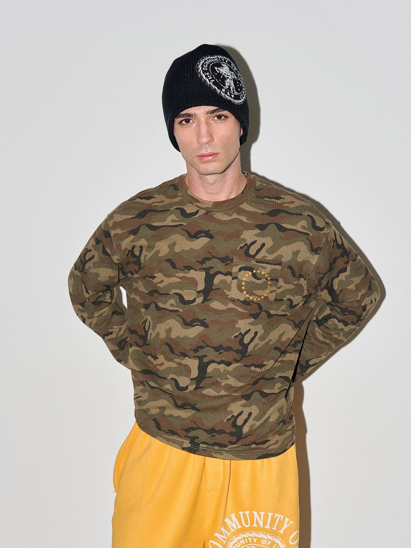 LIBERAFIT Vintage Camo Leopard Waffle Star Embroidered Long Sleeve Tee