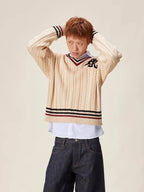 EVILKNIGHT(EK) Logo Cable Knit V Neck Sweater
