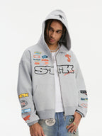 Small Town Kid Racing Badge Printed and Embroidered Zip-Up Hoodie