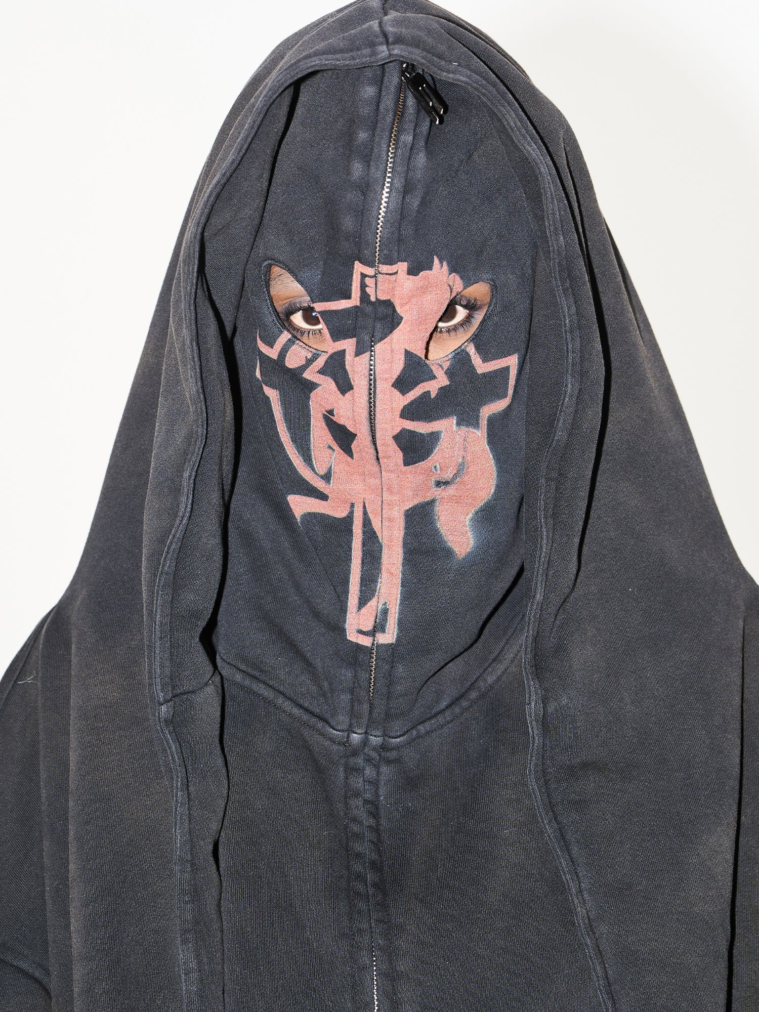 BLIND NO PLAN Cross Horse Mask Washed Print Zip-Up Hoodie