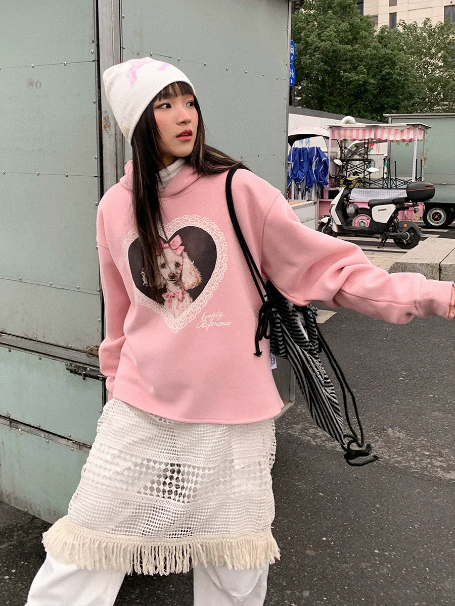 EMPTY REFERENCE Lace Heart Puppy Print Hoodie