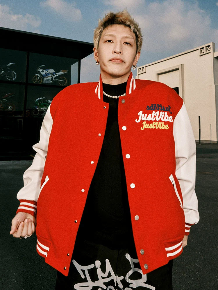 JUST VIBE Terry Multicolor Logo PU Leather Varsity Jacket