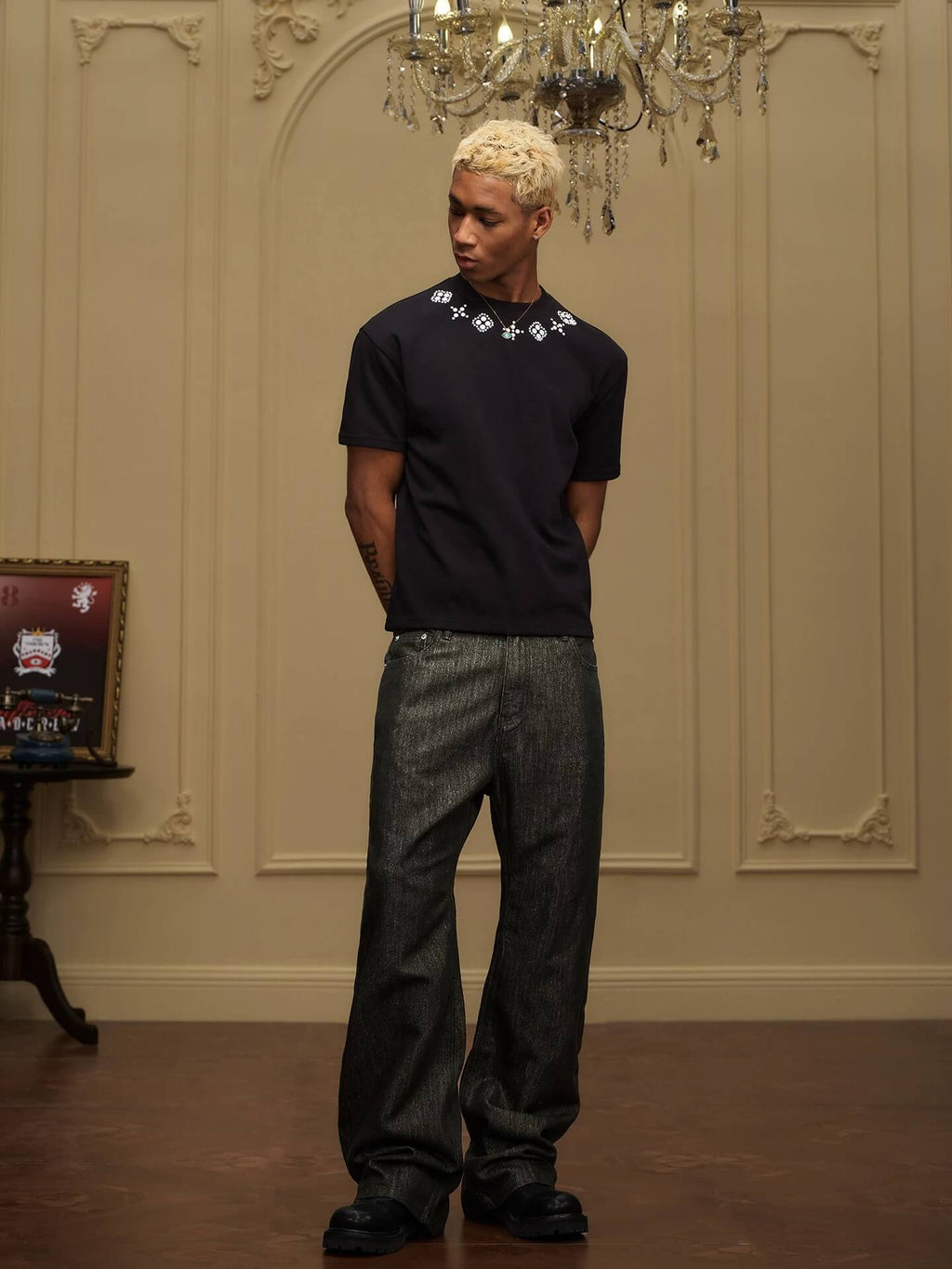 YADcrew Olive Green Metallic Thread Jeans