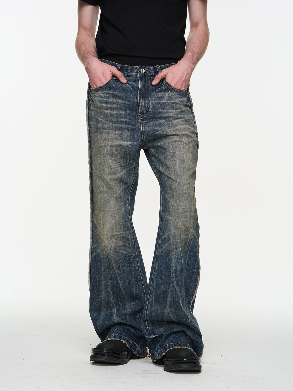 BLIND NO PLAN Blue Washed Whiskered Distressed Bootcut Jeans