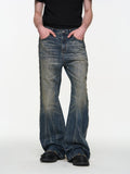 BLIND NO PLAN Blue Washed Whiskered Distressed Bootcut Jeans