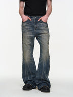 BLIND NO PLAN Blue Washed Whiskered Distressed Bootcut Jeans