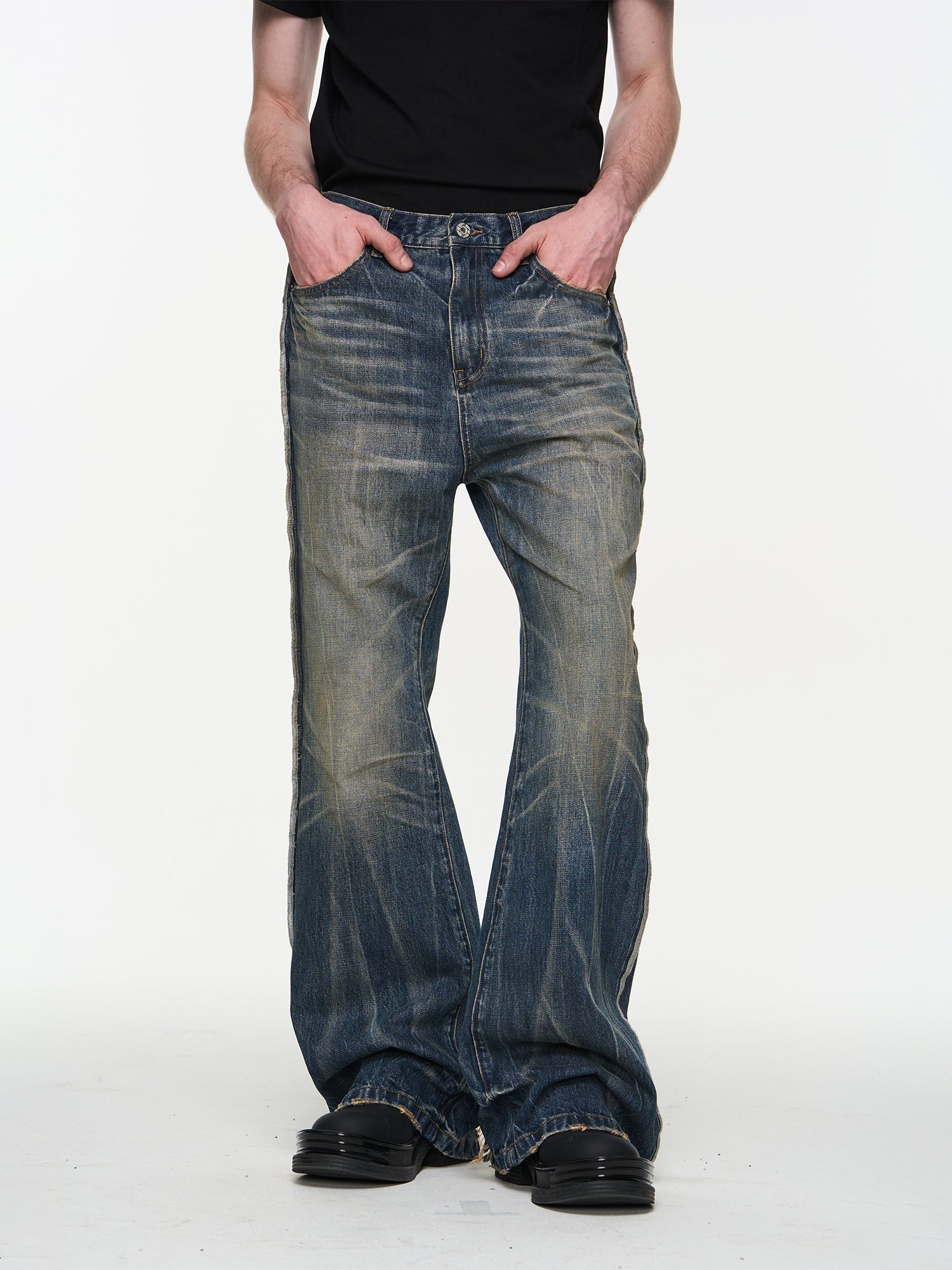 BLIND NO PLAN Blue Washed Whiskered Distressed Bootcut Jeans